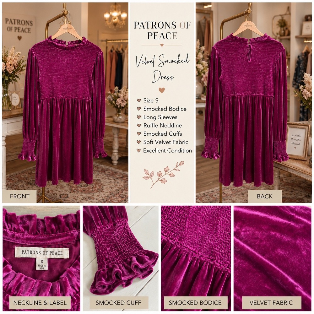 JODIFL Magenta Velvet Smocked Mini Dress Long Sleeve Ruffle Neck  Large NEW